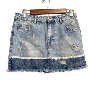 Highway Women's Colorblock Raw Hem Distressed Denim Mini Jean Shirt Size 5/6